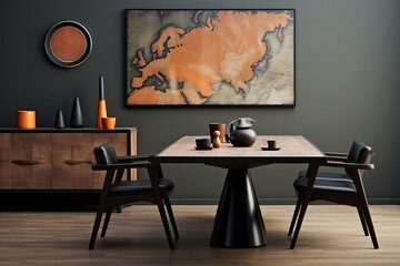 interior design, Modern composition of dining room interior with design wooden table, stylish chairs, decoration. created generative ai.