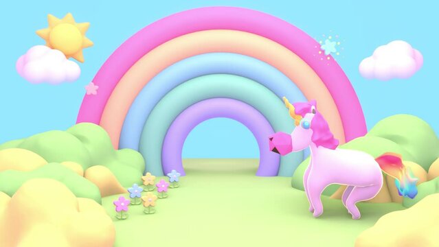 Looped cartoon grass land with rainbow, sun, unicorn, and flowers animation.