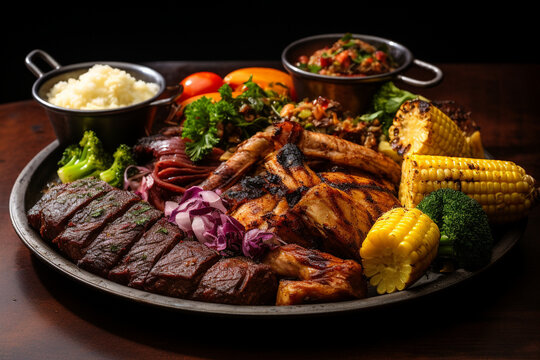 A traditional Brazilian barbecue spread, featuring juicy cuts of meat, grilled sausages, and grilled vegetables, brazilian food, cuzcuz, couscous, cassava, farofa, brazil Generative AI