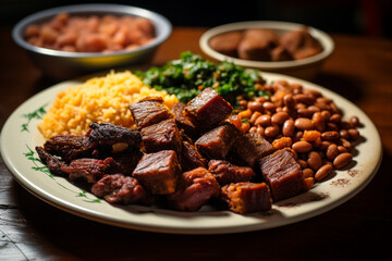 A plate of flavorful carne de sol, salted and dried meat commonly served with fried cassava or beans, brazilian food, cuzcuz, couscous, cassava, farofa, brazil Generative AI - obrazy, fototapety, plakaty