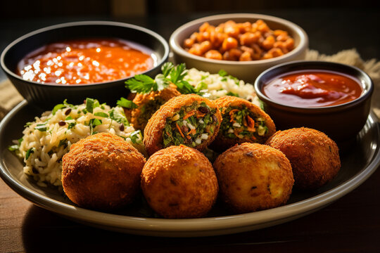 A platter of delicious acaraj&eacute;, deep-fried balls of black-eyed pea dough stuffed with shrimp, vatap&aacute;, and caruru, brazilian food, cuzcuz, couscous, cassava, farofa, brazil Generative AI