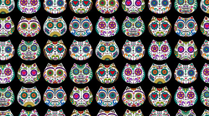 Day of the Dead skulls pattern. Day of the dead sugar skull cats. Mexican dead cat. Dia de los muertos print. Day of the dead and Mexican tradition festival. Dia de los Muertos tattoo skulls.