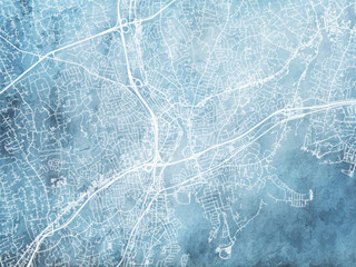 Illustration of a map of the city of  Norwalk Connecticut in the United States of America with white roads on a icy blue frozen background.