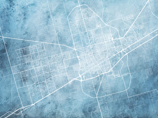 Illustration of a map of the city of  Odessa Texas in the United States of America with white roads on a icy blue frozen background.