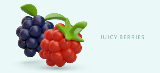 Realistic colorful berries in different colors. Poster with juicy berries in red and blue colors with blue background and place for text. Vector illustration in cartoon style