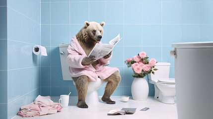 Illustration of wild bear sitting in ceramic toilet bowl and reading the newspaper. Creative funny spring idea of animal as sa human in modern pastel blue bathroom. Abstract scene, Generative AI.