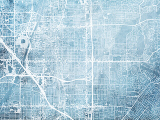 Illustration of a map of the city of  Orange California in the United States of America with white roads on a icy blue frozen background.