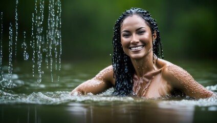 Obraz premium Portrait of beautiful erotic smiling wet woman in the water in the rain. Generative AI