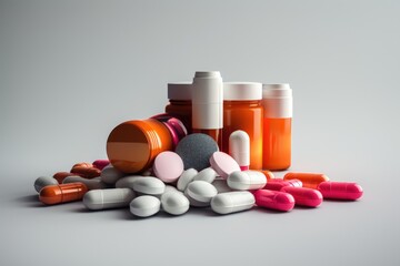 Different pills and a can of pills on a light background color picture. AI generated