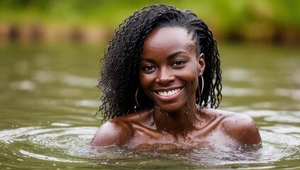 Portrait of beautiful erotic smiling wet black skin woman in the water in the rain. Generative AI