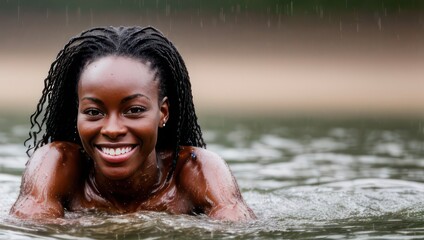Portrait of beautiful erotic smiling wet black skin woman in the water in the rain. Generative AI