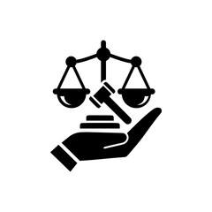Law icon. Hand hold up hammer, lawyer balance, vector icon black and white.