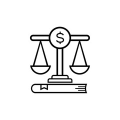 Law book, dollar and justice scale combination vector icon.