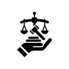 hand holding a hammer and justice scale vector icon, black and white.