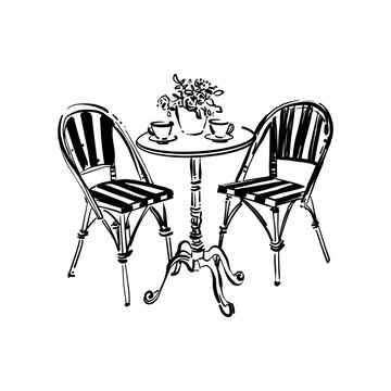 Hand-drawn sketch. Two chairs and tea cups on the table. Vacation postcard. Black and white street cafe furniture. Bistro round table with two chairs hand drawn marker