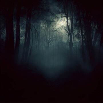 Dark gloomy forest. Night in the forest. Nature scene with forest and moonlight. Night view of the forest, nature, fog, smog, smoke © Sergiu