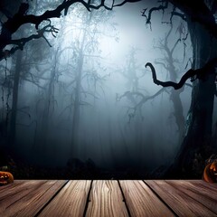 Halloween background. Spooky forest with dead trees and pumpkins and wooden table
