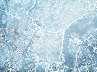 Illustration of a map of the city of  Philadelphia Pennsylvania in the United States of America with white roads on a icy blue frozen background.