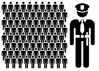 A group of people icon behind a policeman. People and professions pictogram, Flat design vector.