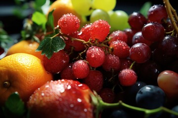 Fototapeta na wymiar Fresh exotic fruits with water drops close up. AI generated