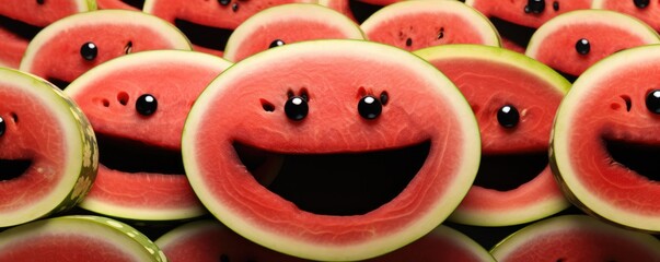 Happy red fresh watermelon with black seeds in, summer healthy food panorama. Generative Ai.