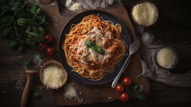 top down view of spaghetti pomodoro with cheese  - food photography