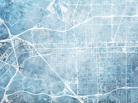 Illustration of a map of the city of  Pomona California in the United States of America with white roads on a icy blue frozen background.