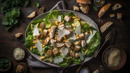 top down view of chicken caesar salad  - food photography