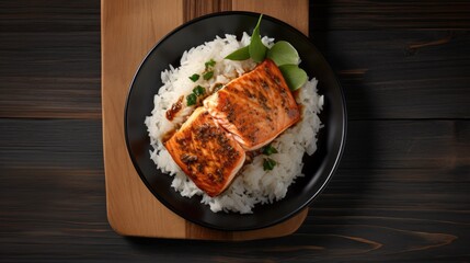 Fototapeta na wymiar top down view of grilled salmon with rice - food photography