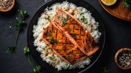 top down view of grilled salmon with rice  - food photography