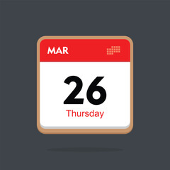 thursday 26 march icon with black background, calender icon