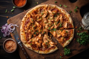 top down view of BBQ Chicken Pizza  - food photography