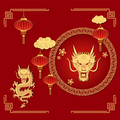 New year 2024 the dragon zodiac sign with clouds, dragon, lantern, asian elements gold red color background. Year of the dragon. New Year banners, posters, newsletters. 2024 Lunar New Year