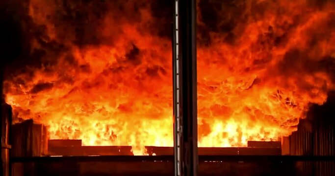 Firefighter At Work hot smoke fire emergency damage flames rescue danger burn in night scene black cinematic background 4k