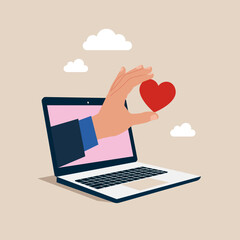 Businessman through the laptop keeps shape of heart. Love, instinct and romance concept. Flat vector illustration.