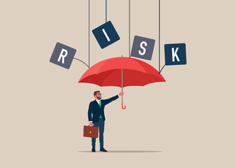 Businessman holding red umbrella protects against risk. Protection, safety, danger, protection Idea. Flat vector illustration