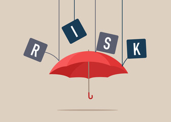 Red umbrella protects against risk. Protection, safety, danger, protection Idea. Flat vector illustration - obrazy, fototapety, plakaty