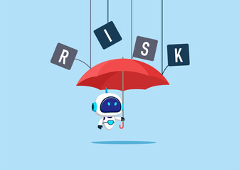 Robot holding red umbrella protects against risk. Protection, safety, danger, protection Idea. Flat vector illustration