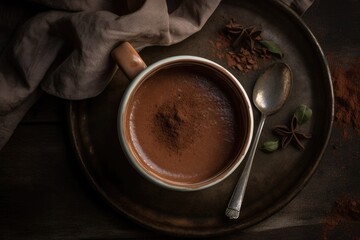 Obraz na płótnie Canvas top down view of a cup of hot chocolate - food photography