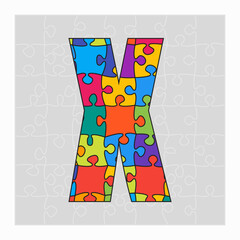 Colorful puzzle letter - X. Jigsaw creative font