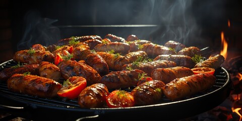 AI Generated. AI Generative. BBQ grill barbecuse steak beed pork sausages on fire preapring meat food. Party garden restaurant vibe. Graphic Art