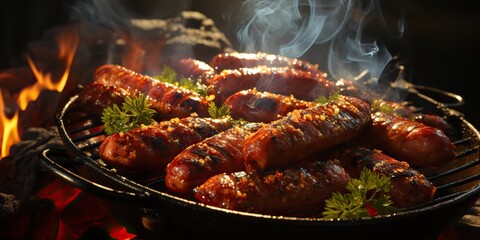AI Generated. AI Generative. BBQ grill barbecuse steak beed pork sausages on fire preapring meat food. Party garden restaurant vibe. Graphic Art