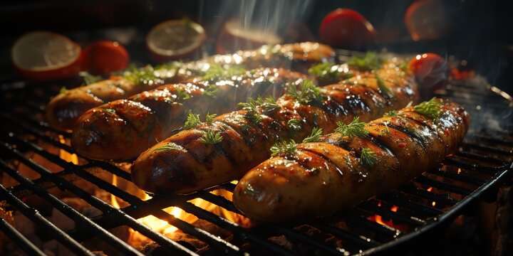 AI Generated. AI Generative. BBQ grill barbecuse steak beed pork sausages on fire preapring meat food. Party garden restaurant vibe. Graphic Art