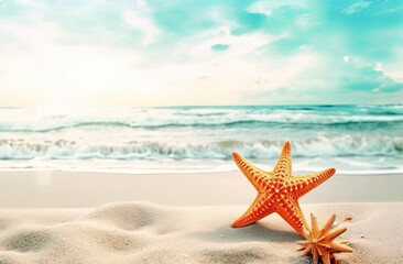Obraz na płótnie Canvas Starfish on white sand beach at sunset ocean.
