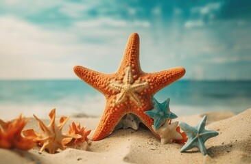 Obraz na płótnie Canvas Starfish on white sand beach at sunset ocean.