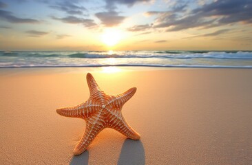 Fototapeta na wymiar Starfish on white sand beach at sunset ocean.