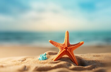Fototapeta na wymiar Starfish on white sand beach at sunset ocean.