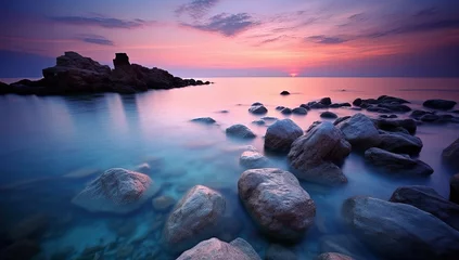 Photo sur Plexiglas Destinations Sunrise over the sea and nice beach in purple color. Generative AI