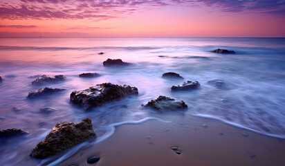 Fototapeta na wymiar Sunrise over the sea and nice beach in purple color. Generative AI
