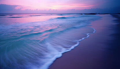 Sunrise over the sea and nice beach in purple color. Generative AI